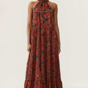 Crimson Bloom Halter maxi dress