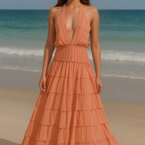 sunset elegance Halter neck Smocked Maxi Dress