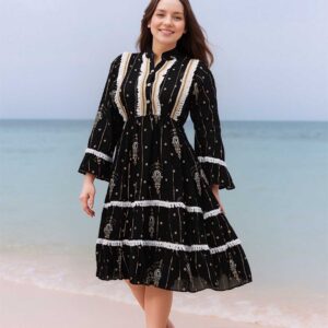Black Trim Bohemian short Dress